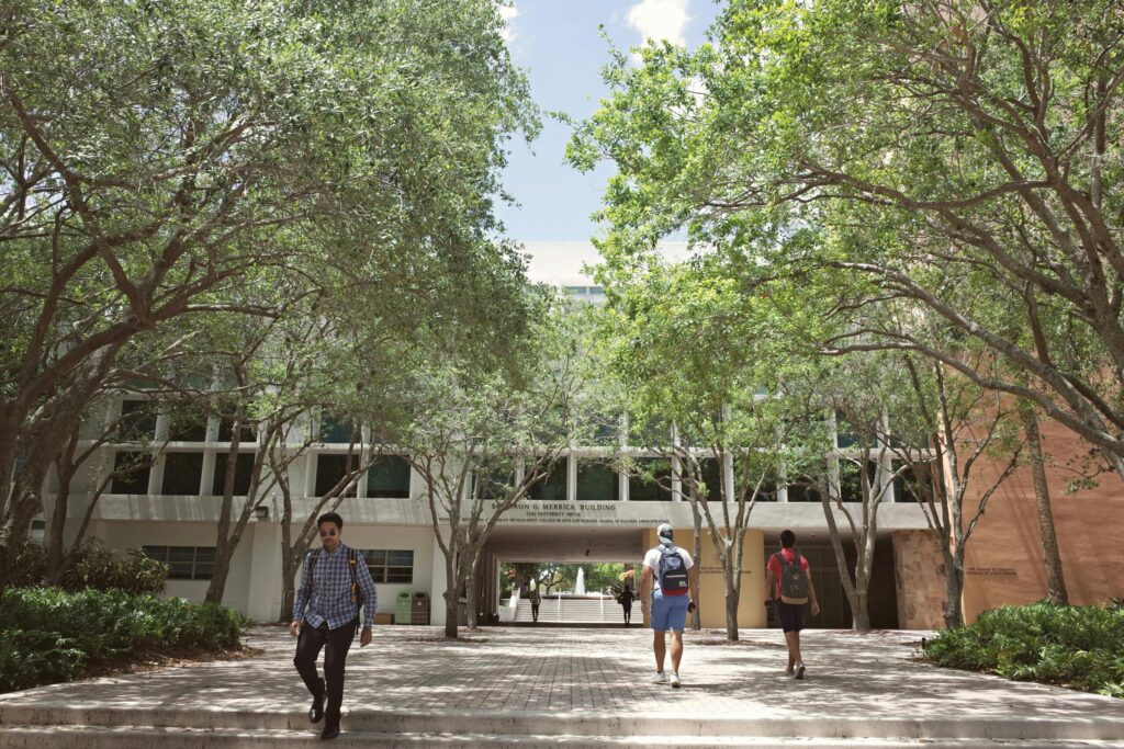 university campus with students walking around